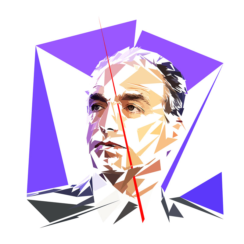 Portrait numérique de Jean-François Copé composé de formes polygonales, d’aplats violets, beige, noirs, gris et blancs, traversé par une longue ligne rouge.