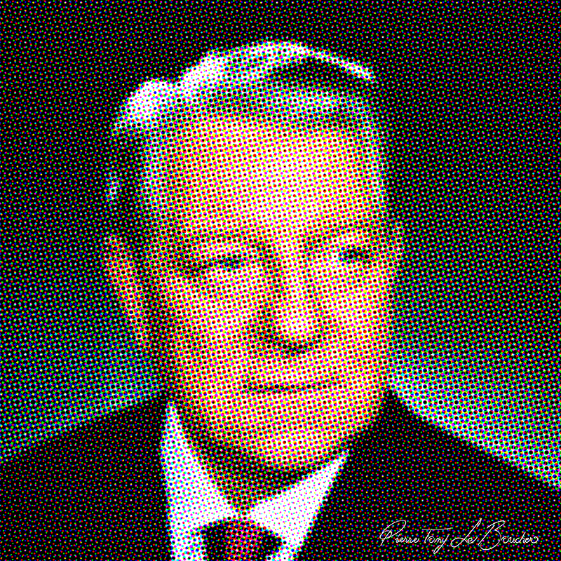 Portrait de Jean Gabin traité par dilution optique, composé d’une trame très visible de points cyan, magenta, jaunes et noirs.