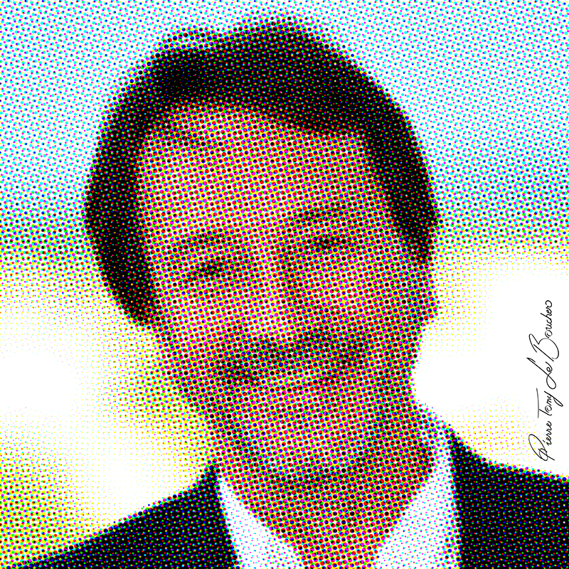 Portrait de Jean-Hugues Anglade traité par dilution optique, composé d’une trame très visible de points cyan, magenta, jaunes et noirs.