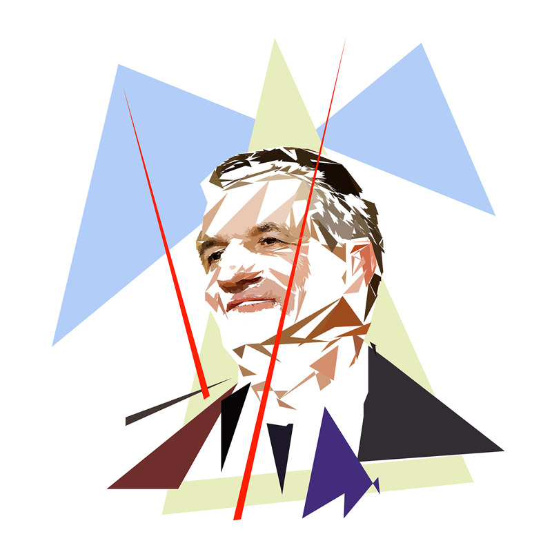 Portrait numérique de Jean Lassalle composé de formes polygonales, d’aplats bleu clair, vert pâle, bruns, noirs et blancs, traversé par plusieurs lignes rouges.