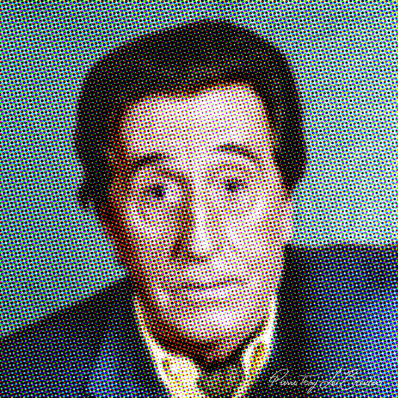 Portrait de Jean Lefebvre traité par dilution optique, composé d’une trame très visible de points cyan, magenta, jaunes et noirs.