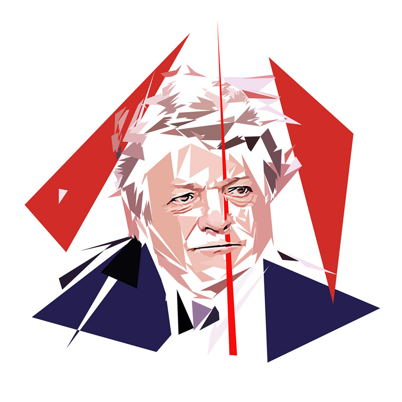 Portrait numérique de Jean-Louis Borloo composé de formes polygonales, d’aplats rouges, bleu nuit, roses, beige et blancs, traversé par une longue ligne rouge.