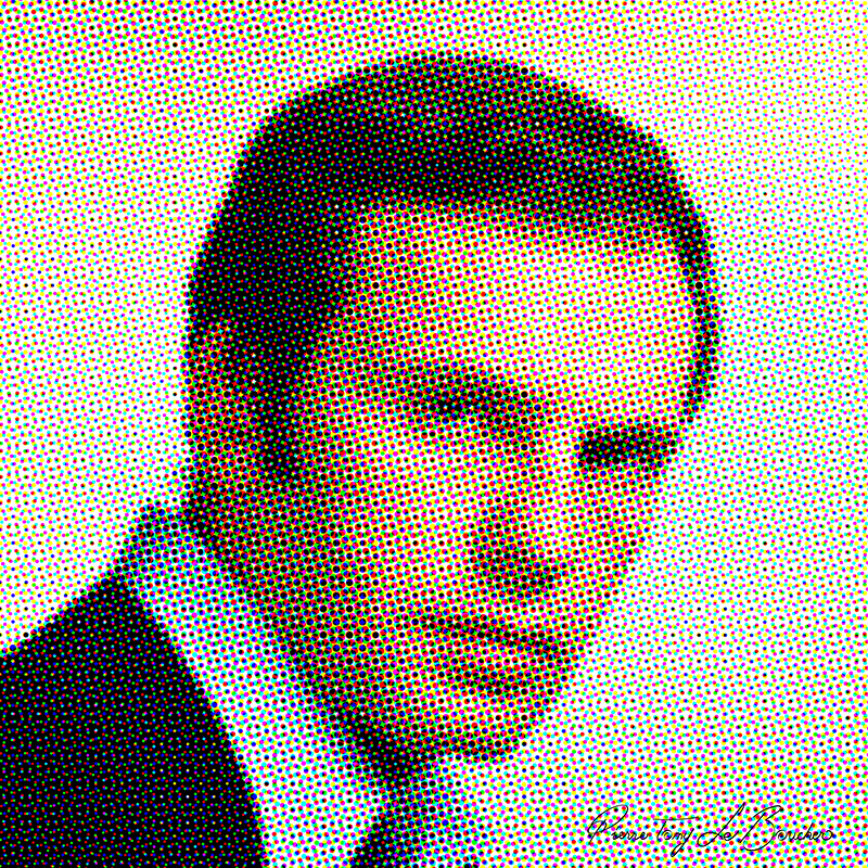 Portrait de Jean-Louis Trintignant traité par dilution optique, composé d’une trame très visible de points cyan, magenta, jaunes et noirs.