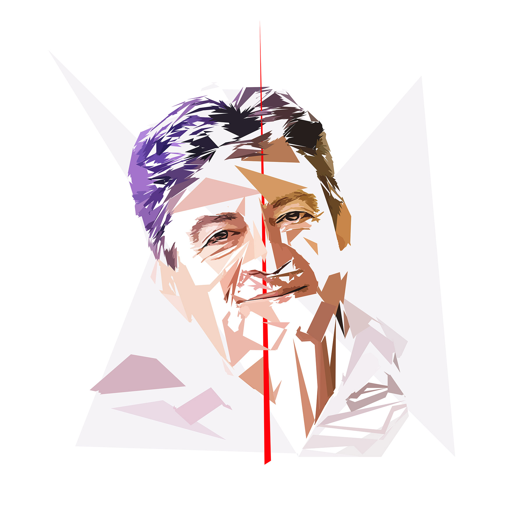 Portrait numérique de Jean-Luc Mélenchon composé de formes polygonales, d’aplats violets, bruns, beige et blancs, traversé par une longue ligne rouge.