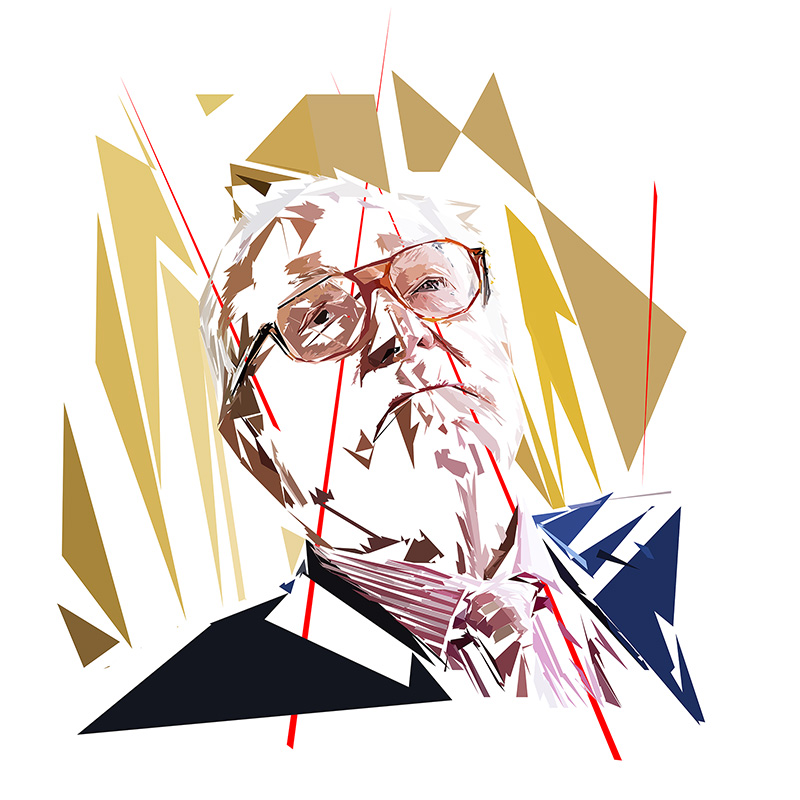 Portrait numérique de Jean-Marie Le Pen composé de formes polygonales, d’aplats ocre, jaune, bleu profond, noirs, rosés et blancs, traversé par plusieurs lignes rouges.