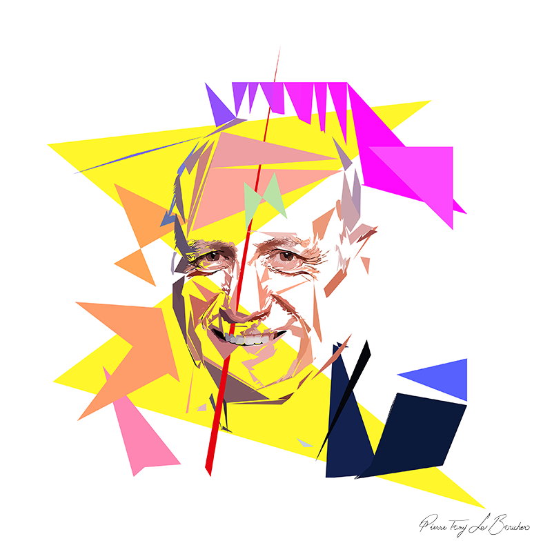 Portrait souriant de Jean-Michel Aphatie composé de facettes roses, blanches et brunes, entouré de triangles jaunes, orange, roses et magenta, avec des fragments bleu nuit en bas à droite et un long triangle rouge effilé sur fond blanc.