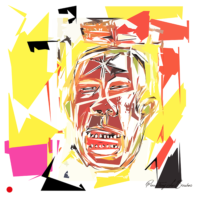 Réinterprétation d’une tête de Jean-Michel Basquiat, visage traversé par de puissantes droites, pointes et fragments jaunes, rouges, blancs, noirs et roses, œuvre de Pierre Tomy Le Boucher.