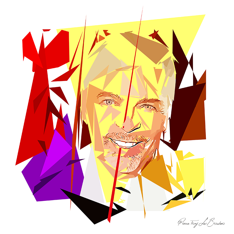 Portrait de Jean-Philippe Viaud construit en facettes colorées sur fond blanc, entouré de formes géométriques jaunes, rouges, violettes, brunes et noires.