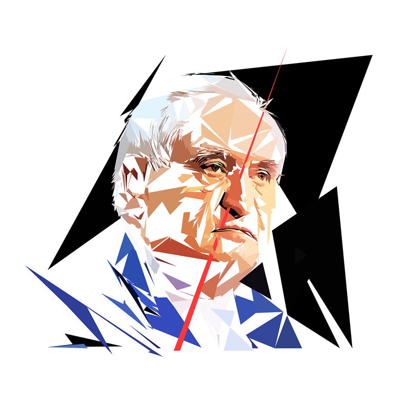 Portrait numérique de Jean-Pierre Raffarin composé de formes polygonales, d’aplats noirs, bleu vif, beige, bruns et blancs, traversé par plusieurs lignes rouges.