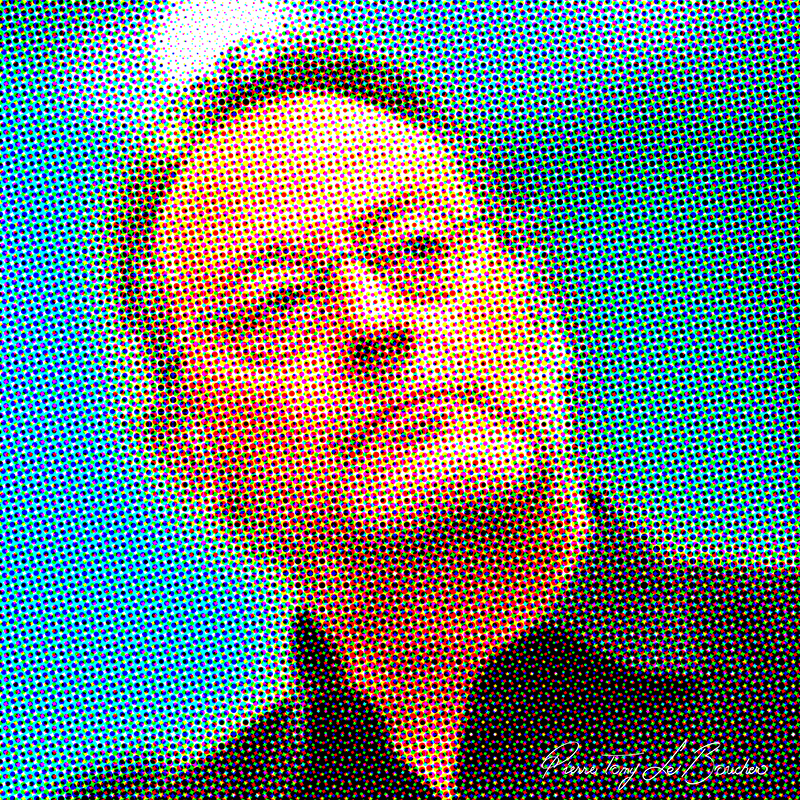 Portrait de Jean Reno traité par dilution optique, composé d’une trame très visible de points cyan, magenta, jaunes et noirs.