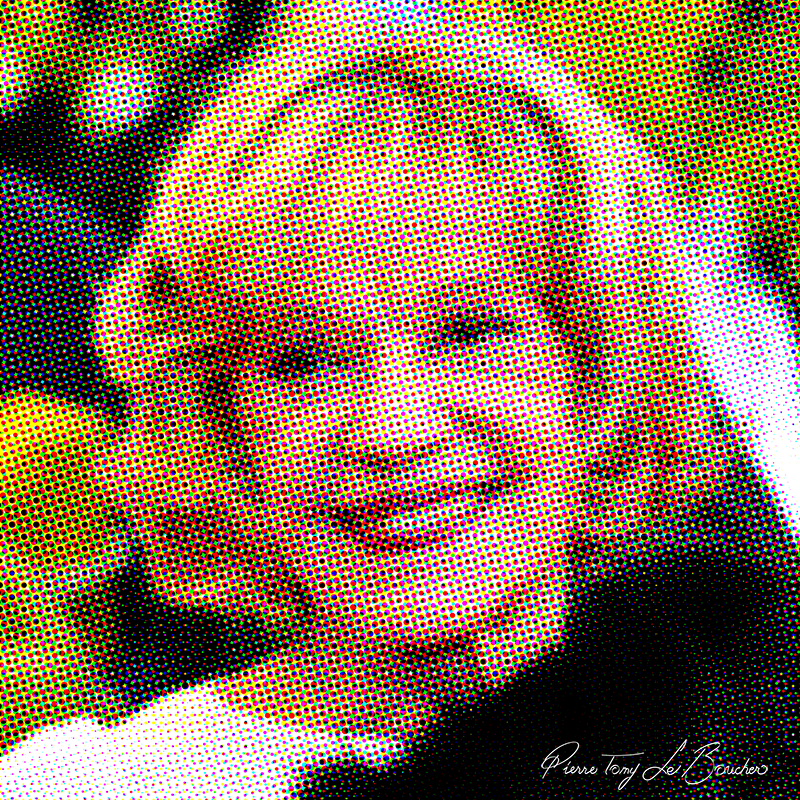 Portrait de Jeanne Moreau traité par dilution optique, composé d’une trame très visible de points cyan, magenta, jaunes et noirs.