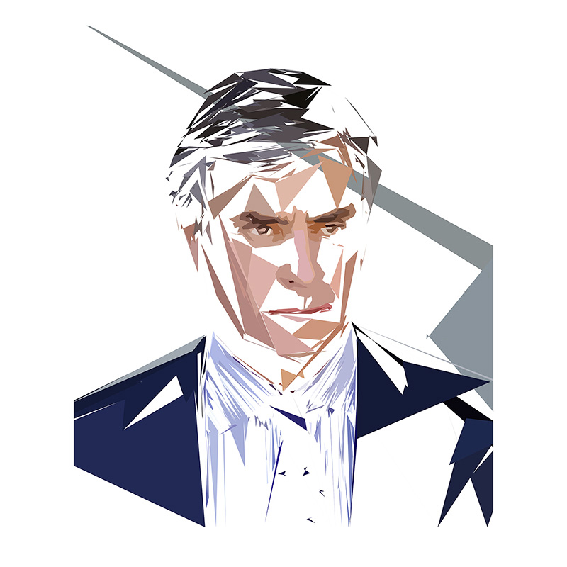 Portrait numérique de Jérôme Cahuzac composé de formes polygonales, d’aplats bleu nuit, gris, beige, bruns et blancs.