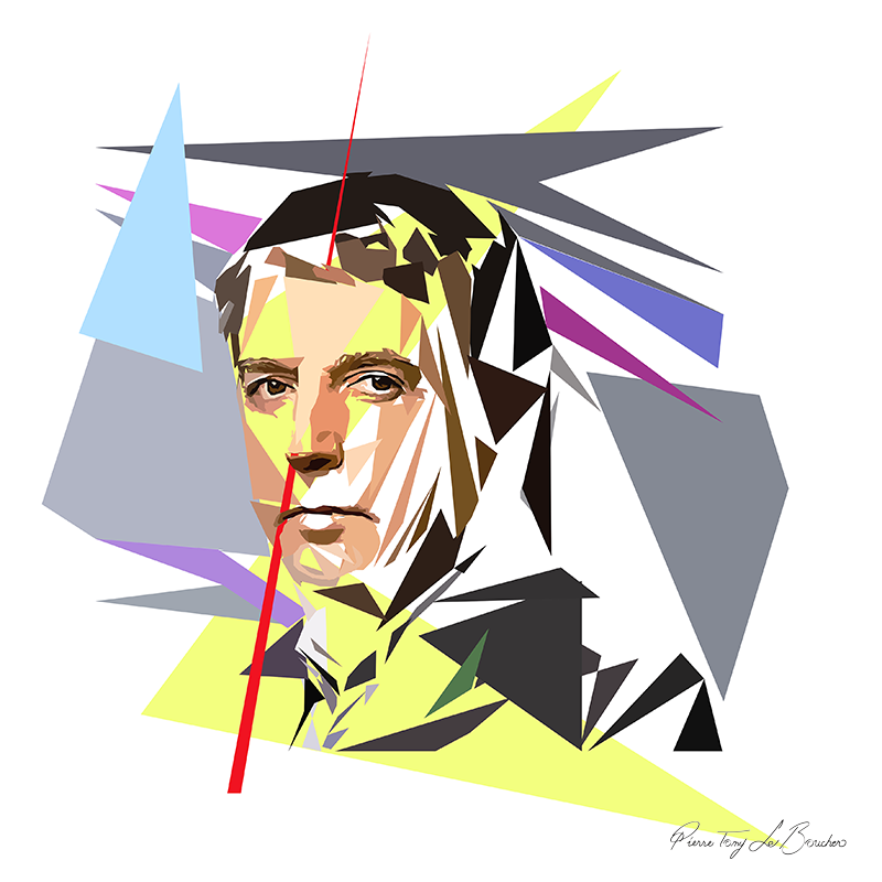 Portrait de Jérôme Fourquet aux cheveux bruns, construit en facettes pêche, jaunes, brunes et blanches, entouré de formes grises et de triangles bleu clair, violets et magenta, avec un long triangle rouge effilé sur fond blanc.
