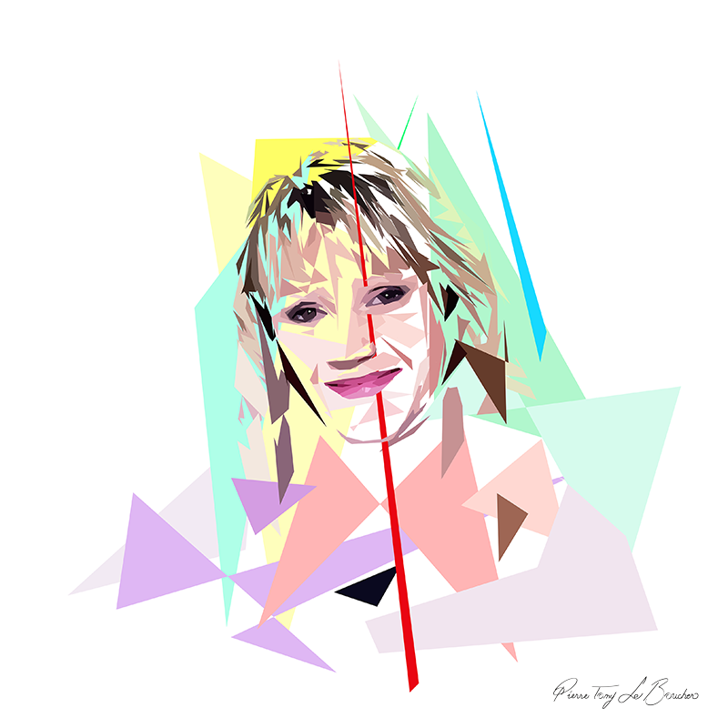 Portrait de Julia Livage construit en facettes colorées sur fond blanc, entouré de formes géométriques vertes, turquoise, jaunes, roses et mauves.