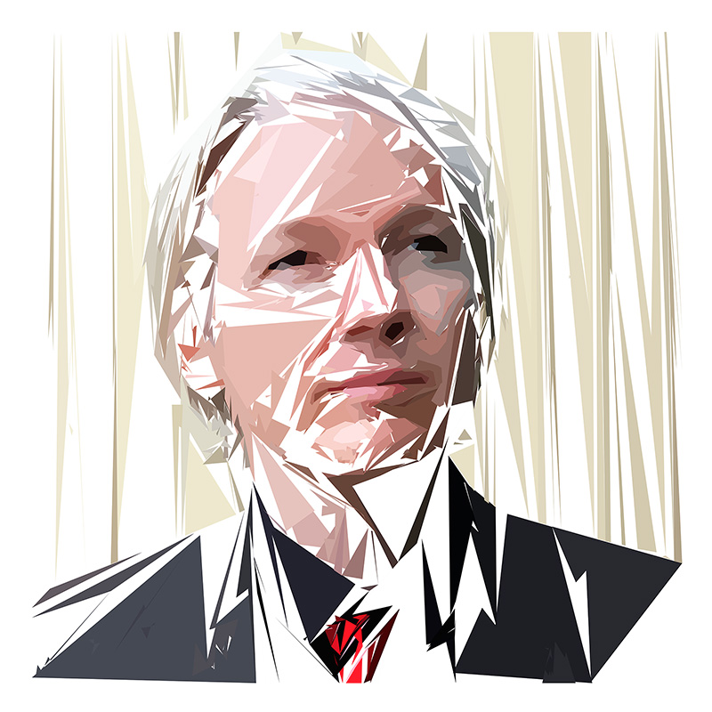 Portrait numérique de Julian Assange composé de formes polygonales, d’aplats roses, gris, noirs, beige et blancs.