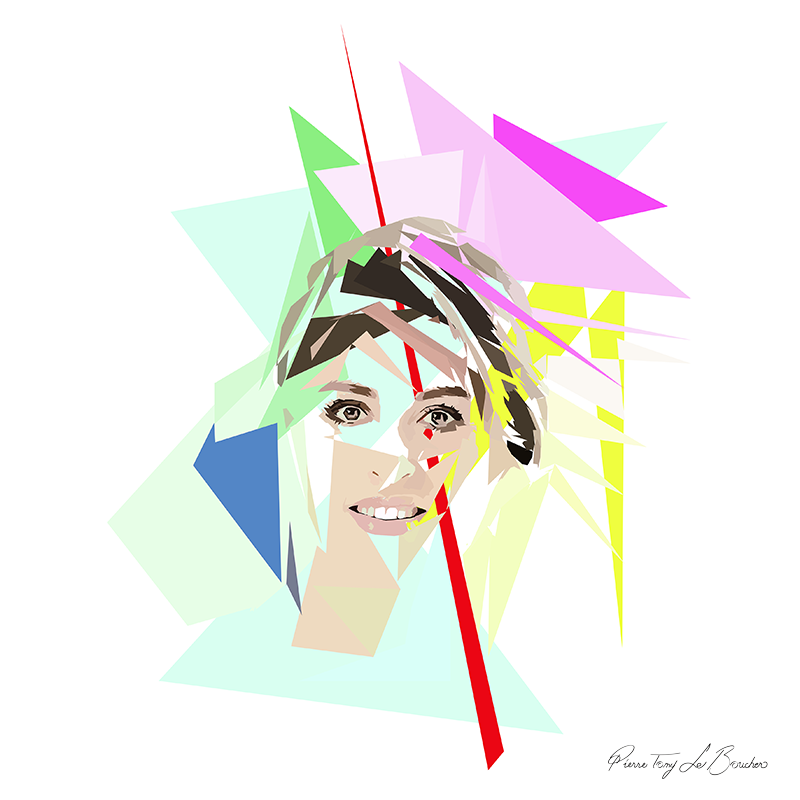Portrait de Julie Ferrez construit en facettes colorées sur fond blanc, entouré de formes géométriques vertes, roses, jaunes, turquoise et bleues.