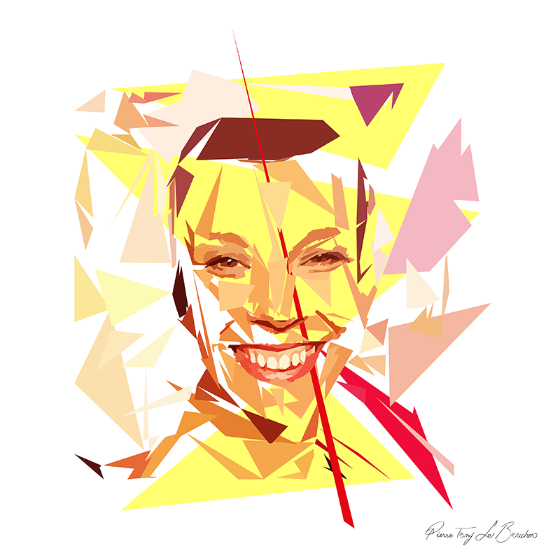 Portrait de Julie Poirier construit en facettes colorées sur fond blanc, entouré de formes géométriques jaunes, roses, orangées, rouges et brunes.