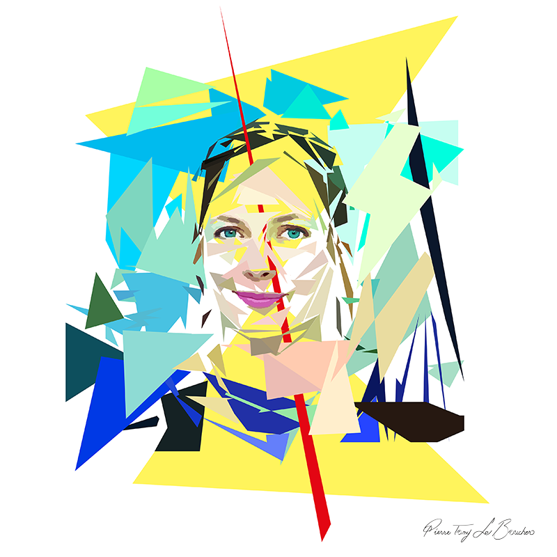 Portrait de Justine Weyl construit en facettes colorées sur fond blanc, entouré de formes géométriques jaunes, turquoise, vertes, bleues et noires.