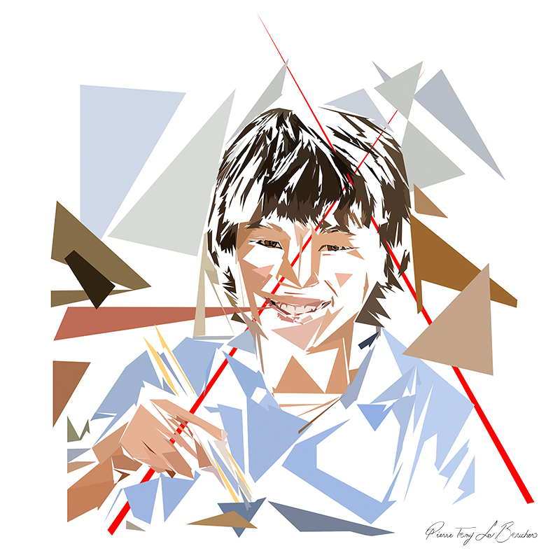 Portrait de Kaïpo, enfant adopté par Coronis, personnage souriant aux cheveux bruns composé de formes polygonales blanches, bleues, brunes et grises traversées de lignes rouges.