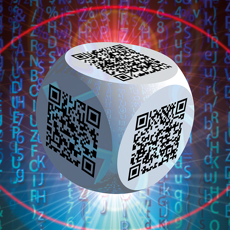 Ben 3.0 – Yves Klein, sculpture cubique blanche de Pierre Tomy Le Boucher portant des QR codes noirs, présentée sur un fond technoïde bleu et rouge.