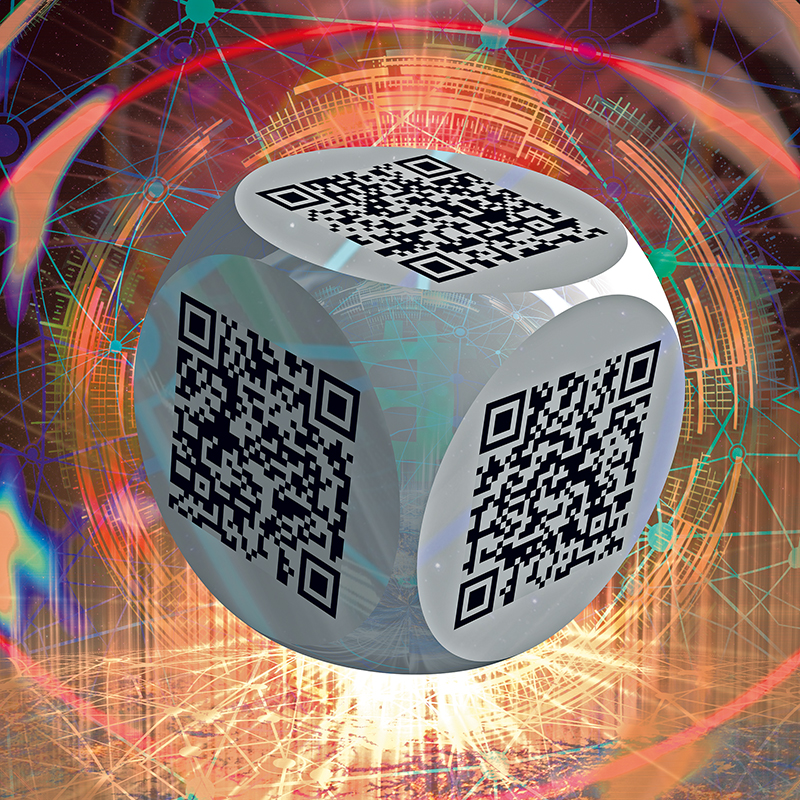 Ben 3.0 – L’amour, sculpture cubique blanche de Pierre Tomy Le Boucher portant des QR codes noirs, présentée sur un fond technoïde aux tonalités orange, rouge et turquoise.