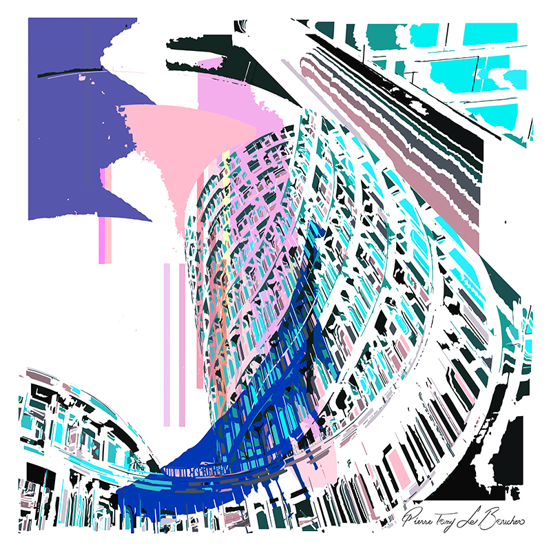 Tour contemporaine vue en contre-plongée transformée en composition graphique turquoise, rose, violette, bleue et blanche, œuvre de la série Architexture.