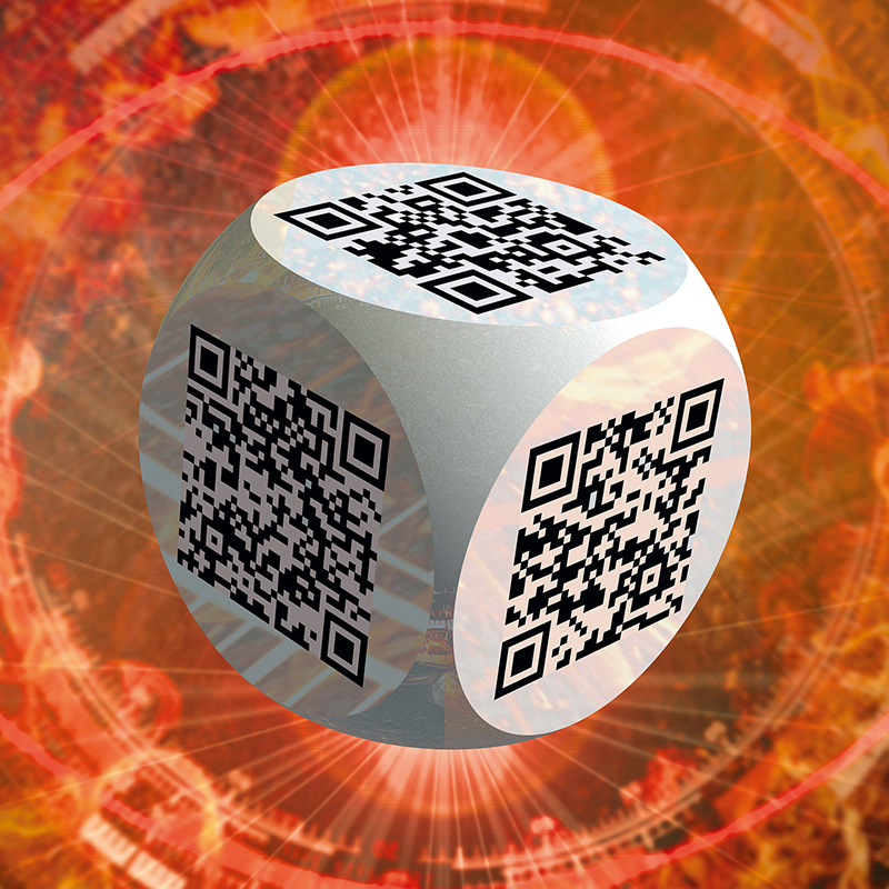 Ben 3.0 – L’art, sculpture cubique blanche de Pierre Tomy Le Boucher portant des QR codes noirs, présentée sur un fond technoïde orange, rouge et lumineux.