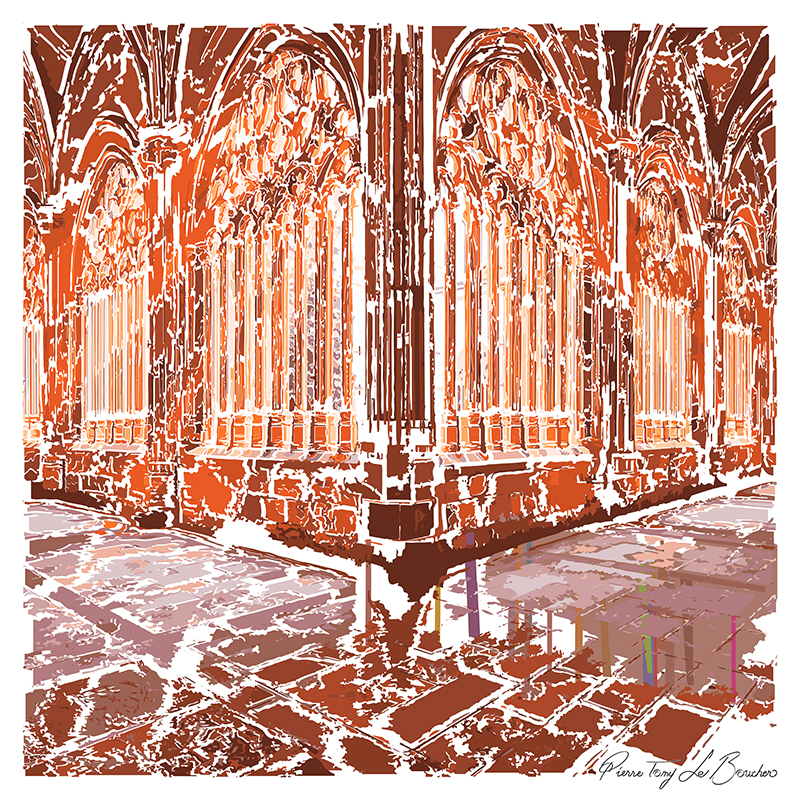 Architecture de l’église Santa Clara de Porto transformée en composition graphique orange, brune, blanche et rosée, œuvre de la série Architexture.