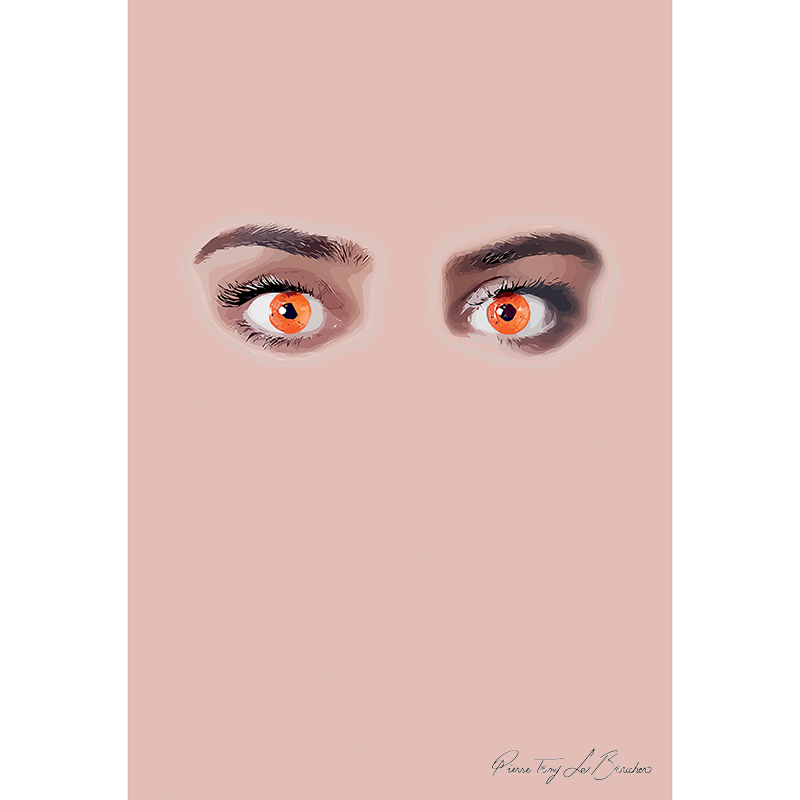 Deux yeux aux iris orange vif émergent d’un monochrome couleur chair, œuvre D comme Dépression (suicide) de Pierre Tomy Le Boucher.