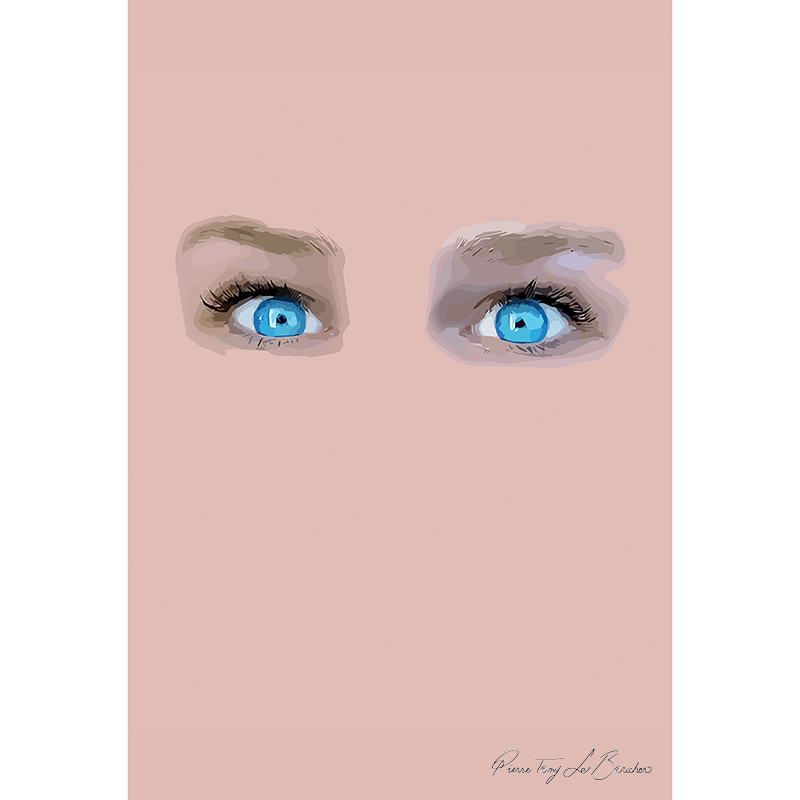 Deux yeux bleu clair émergent d’un monochrome couleur chair, œuvre M comme Méningite bactérienne de Pierre Tomy Le Boucher.