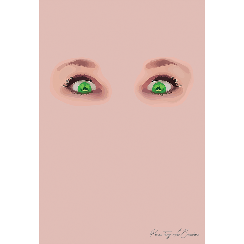 Deux yeux aux iris verts lumineux émergent d’un monochrome couleur chair, œuvre N comme Néphropathie diabétique de Pierre Tomy Le Boucher.
