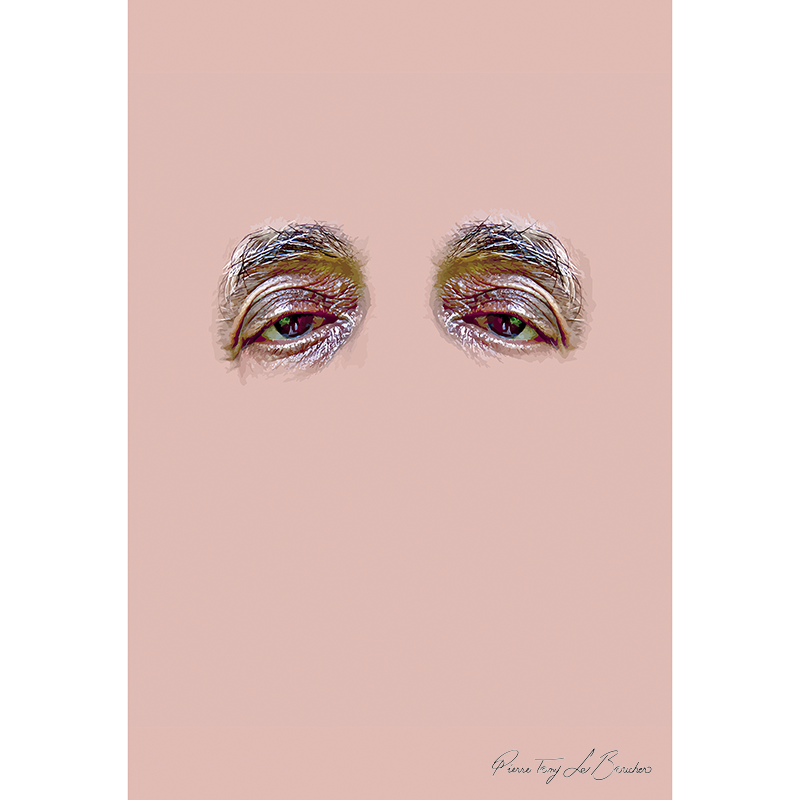 Deux yeux âgés aux paupières marquées émergent d’un monochrome couleur chair, œuvre O comme Ostéogenèse imparfaite de Pierre Tomy Le Boucher.