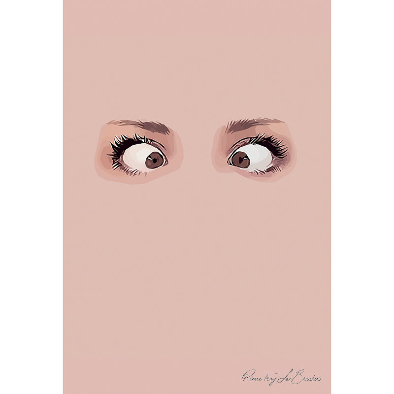 Deux grands yeux bruns au regard décalé émergent d’un monochrome couleur chair, œuvre Q comme Quiproquos de Pierre Tomy Le Boucher.