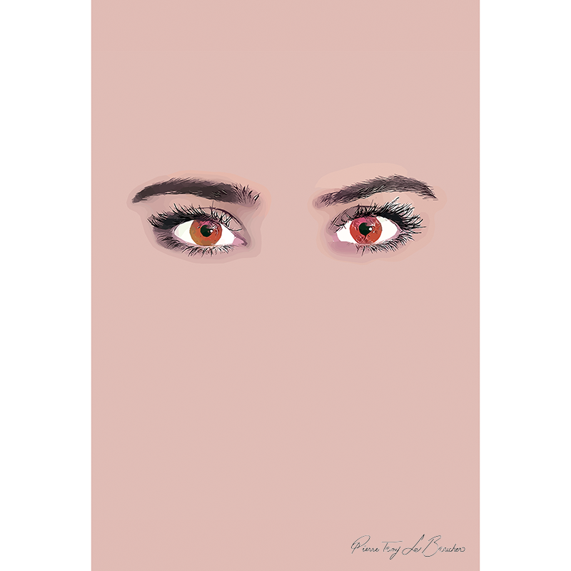 Deux yeux brun-rouge entourés de cils noirs émergent d’un monochrome couleur chair, œuvre T comme Tumeur phyllode de Pierre Tomy Le Boucher.