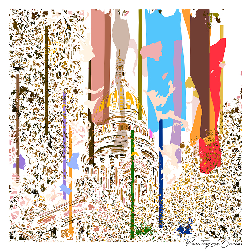 Coupole de la cathédrale du Christ-Sauveur de Moscou apparaissant derrière la végétation dans une composition graphique bleue, rose, rouge, brune et blanche, série Architexture.