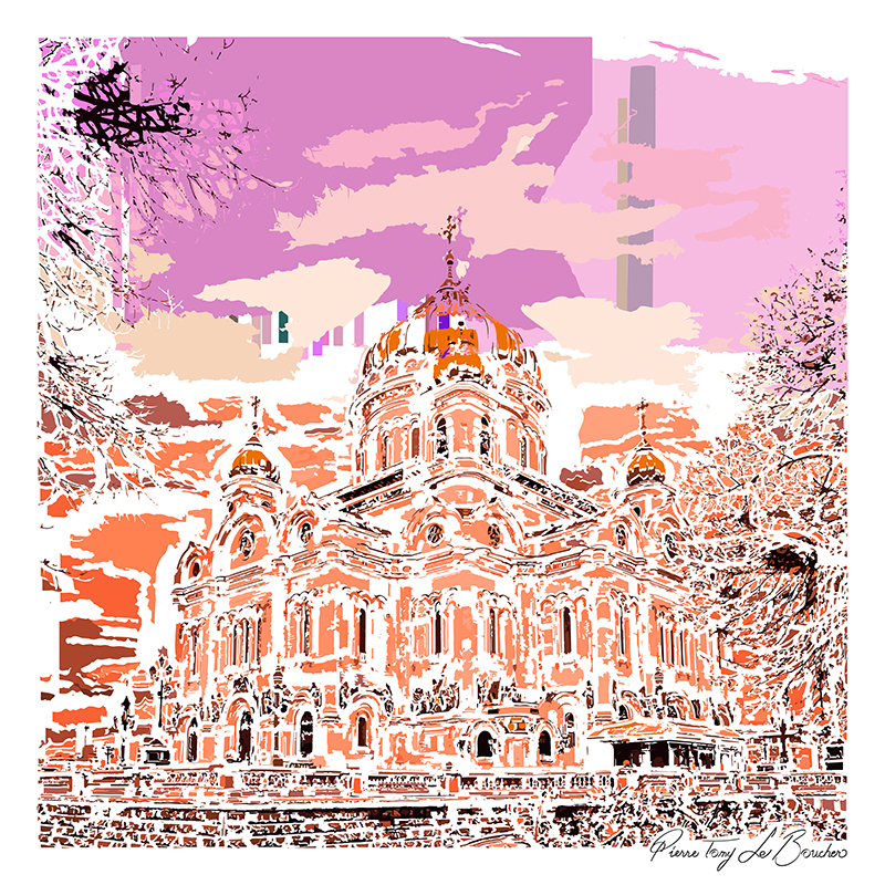 Cathédrale du Christ-Sauveur de Moscou transformée en composition graphique rose, orangée, blanche et mauve, œuvre de la série Architexture.