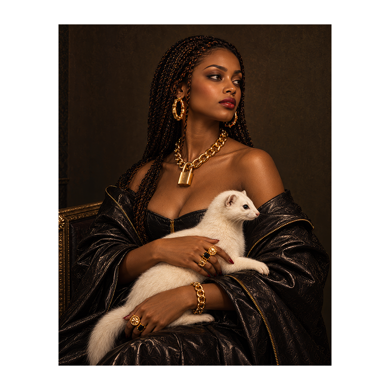 Portrait d’une jeune femme en cuir noir et bijoux dorés, tenant une hermine blanche dans ses bras, sur un fond sombre.
