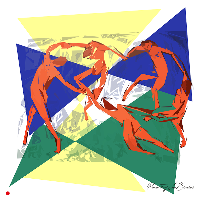 Réinterprétation de La Danse d’Henri Matisse, cinq figures orangées formant une ronde fragmentée en droites et plans géométriques sur de grandes surfaces bleues, vertes et jaunes, œuvre de Pierre Tomy Le Boucher.