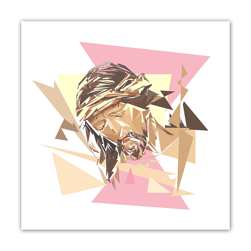 Visage masculin incliné et douloureux recomposé en fragments géométriques bruns, beiges, noirs et roses, œuvre Comma La Déploration du Christ de Pierre Tomy Le Boucher.