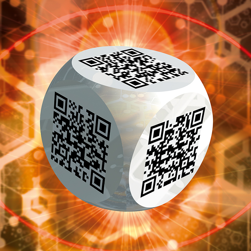 Ben 3.0 – La guerre, sculpture cubique blanche de Pierre Tomy Le Boucher portant des QR codes noirs, présentée sur un fond technoïde orange.