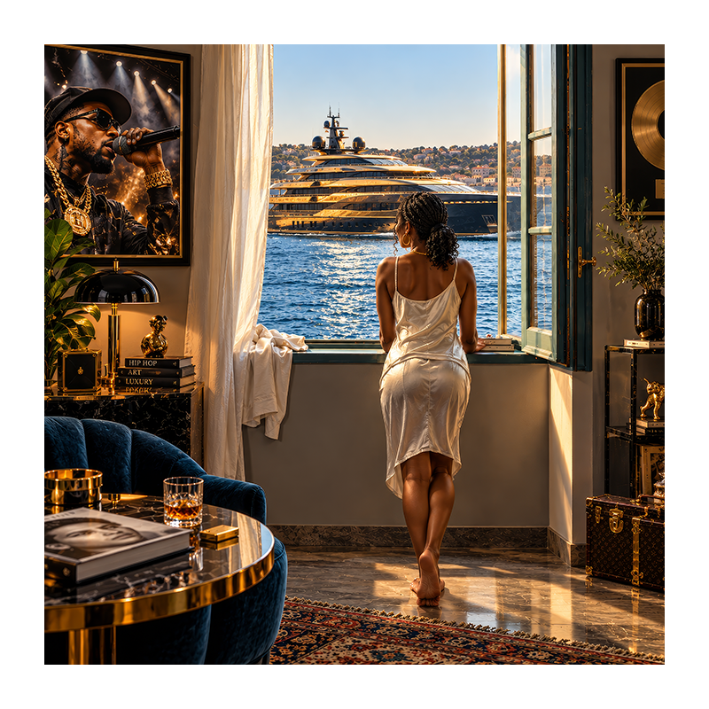 Une femme vue de dos à une fenêtre ouverte regarde un grand yacht sur la mer ; à l’intérieur, une affiche de rap, un disque d’or, un fauteuil bleu et des objets luxueux.