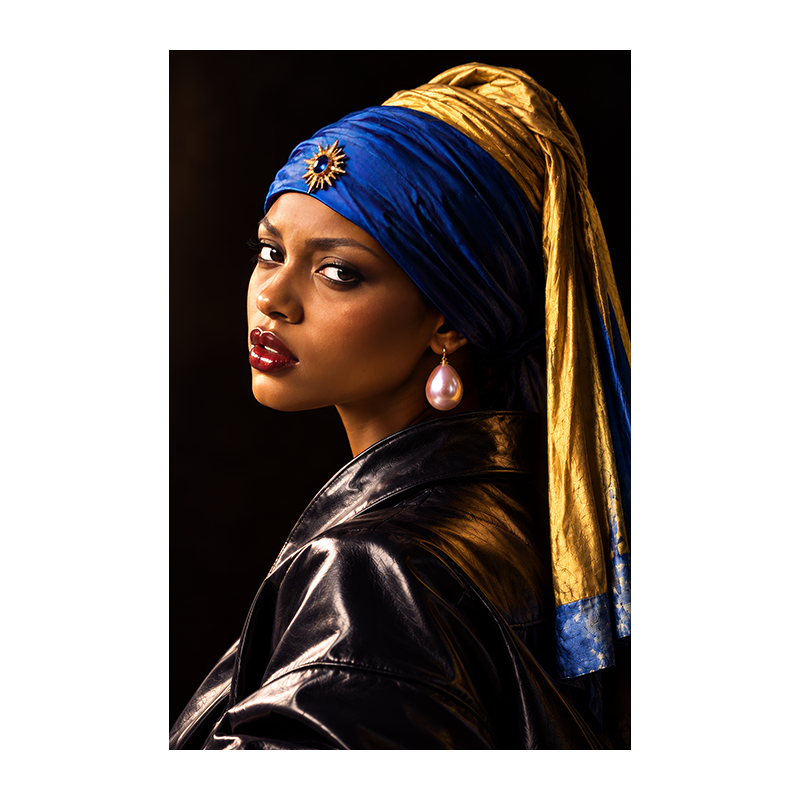 Portrait d’une jeune femme au regard tourné vers le spectateur, coiffée d’un turban bleu et or et portant une grande perle rose ; veste noire brillante et fond sombre.
