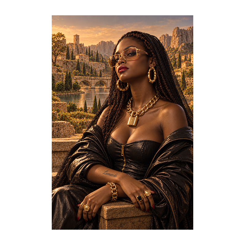 Réinterprétation de La Joconde : une femme aux cheveux tressés, portant lunettes dorées, cuir noir, bijoux et cadenas en or, les mains croisées devant un paysage de pont et de collines.