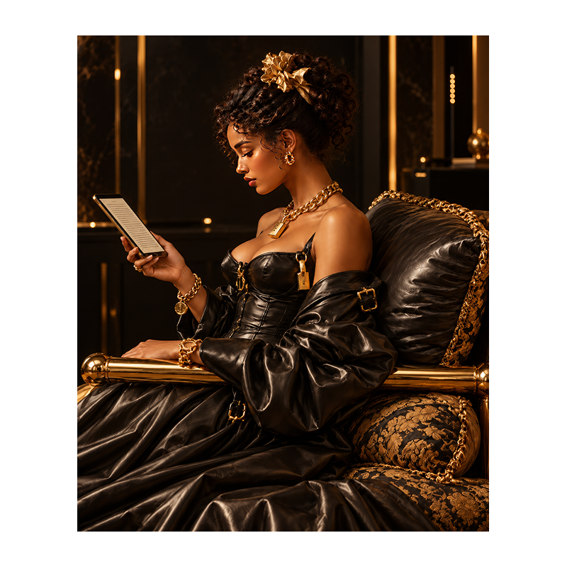 Réinterprétation contemporaine de La Liseuse de Fragonard : jeune femme de profil, en robe de cuir noir, lisant sur une liseuse électronique dans un fauteuil luxueux, ornée de bijoux dorés.