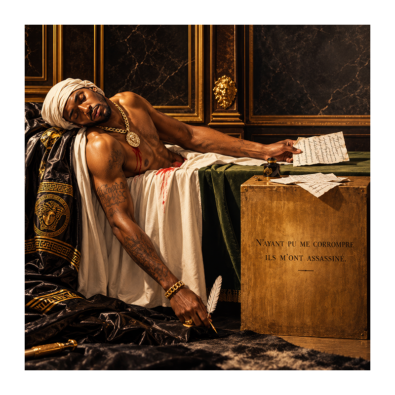 La Mort de Marat revisitée : homme tatoué et drapé de blanc, affaissé près d’une lettre et d’une plume, dans un décor de marbre noir et d’or.