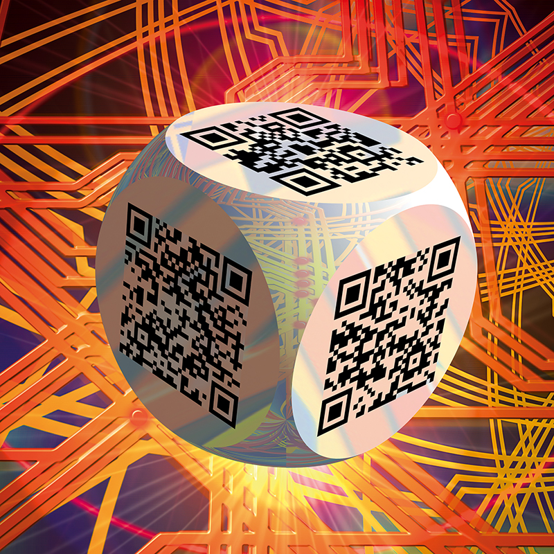 Ben 3.0 – La mort, sculpture cubique blanche de Pierre Tomy Le Boucher portant des QR codes noirs, présentée sur un fond technoïde orange et violet.