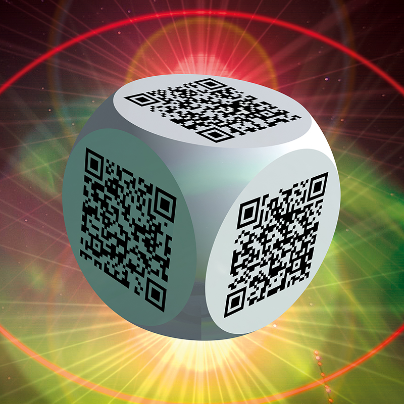 Ben 3.0 – La mythologie, sculpture cubique blanche de Pierre Tomy Le Boucher portant des QR codes noirs, présentée sur un fond technoïde vert, rouge et lumineux.