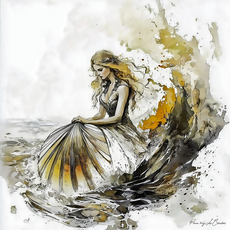 Aphrodite – divinité grecque personnifiée de la naissance d’Aphrodite, figure féminine surgissant des flots marins dans une peinture mythologique élégante et symbolique.