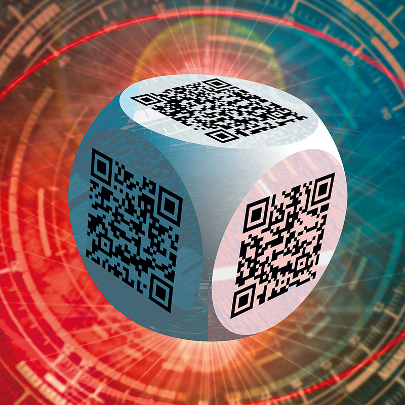 Ben 3.0 – La naissance, sculpture cubique blanche de Pierre Tomy Le Boucher portant des QR codes noirs, présentée sur un fond technoïde rouge, bleu et lumineux.