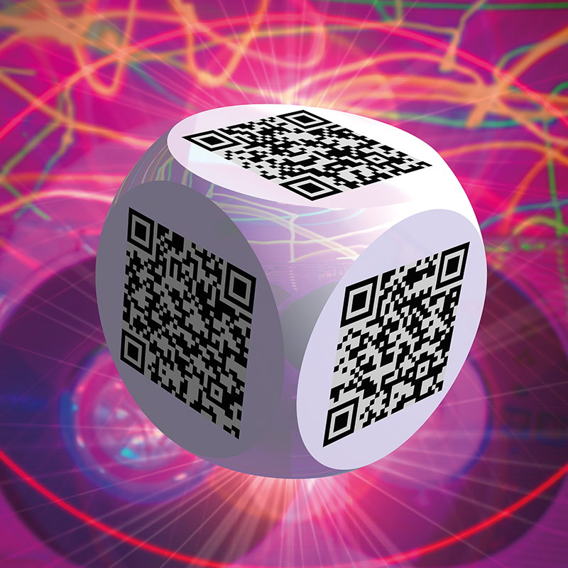 Ben 3.0 – La patience, sculpture cubique blanche de Pierre Tomy Le Boucher portant des QR codes noirs, présentée sur un fond technoïde rose, violet et lumineux.